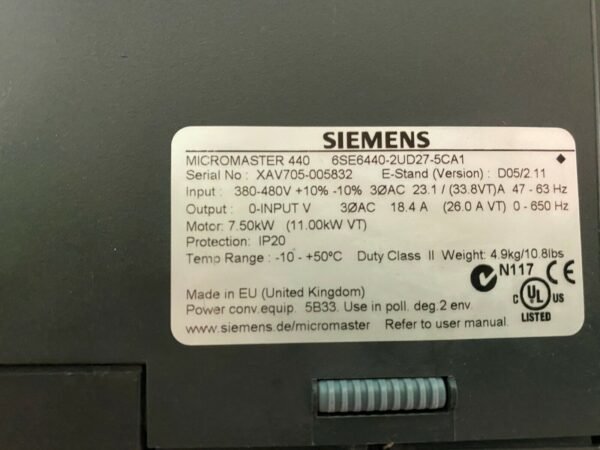 Siemens 6SE6440-2UD27-5CA1. Siemens Micromaster 440. 7.50kW. (UK / EU Read) - Image 2