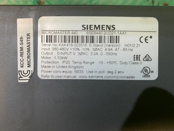 Siemens 6SE6440-2UD21-1AA1. Siemens Micromaster 440. 1.1 kW. (UK / EU Read)