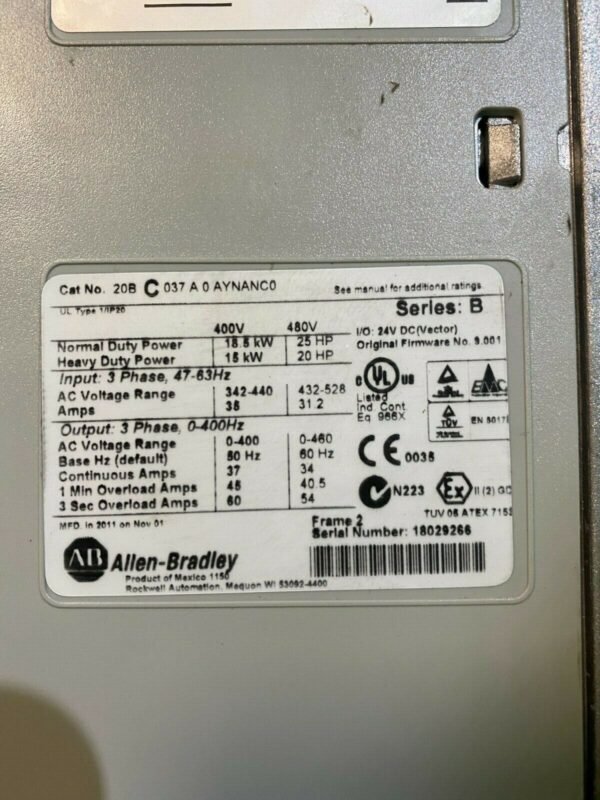 Allen Bradley 20BC037A0AYNANC0. 18.5 kW PowerFlex 700. (EU/UK Read)