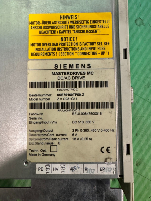 Siemens 6SE7016-0TP50-Z Z=C23+G11/G91. Masterdrives MC. (UK/EU Read)