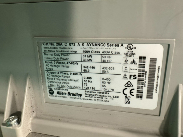 Allen Bradley 20AC072A0AYNANC0. PowerFlex 70.(UK/EU Please Read)