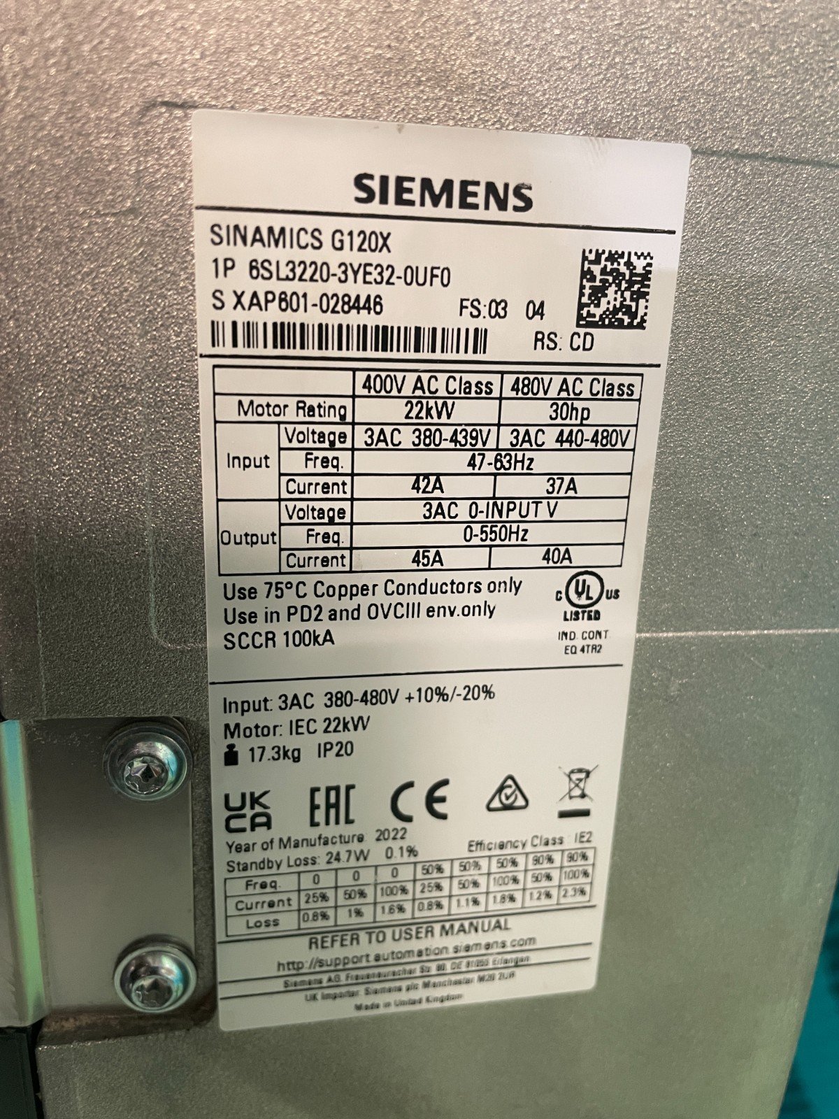Siemens 6SL3220-3YE32-0UF0. Sinamics G120X. ( UK/EU Read) Siemens 6SL3220-3YE32-0UF0. Sinamics G120X. ( UK/EU Read) - Image 2