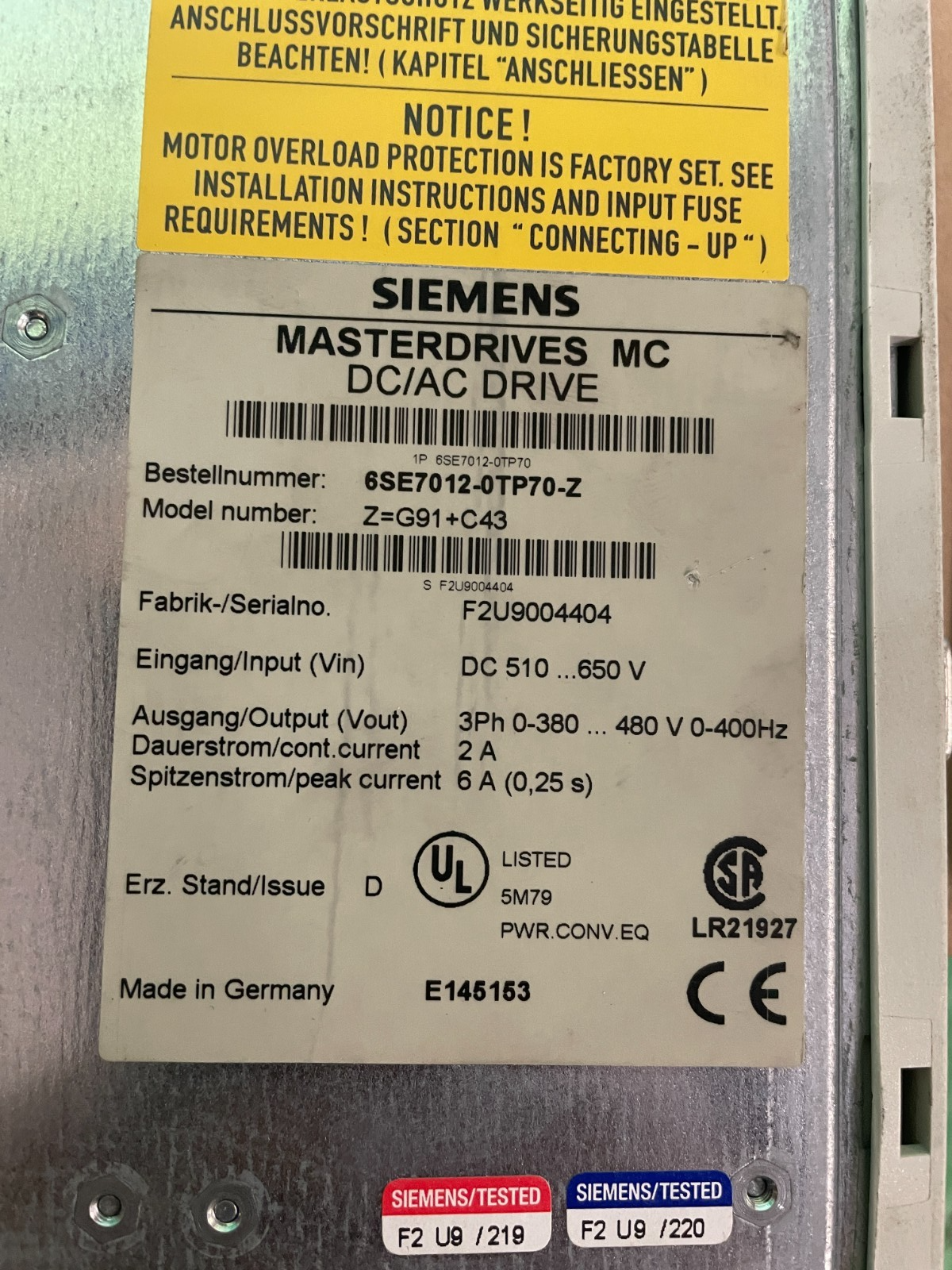 Siemens 6SE7012-0TP70-Z Z= G91+C43. Masterdrive. (UK/EU Read) Siemens 6SE7012-0TP70-Z Z= G91+C43. Masterdrive. (UK/EU Read) - Image 2