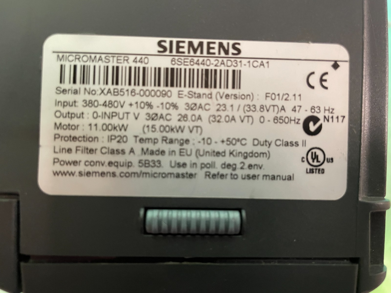 Siemens 6SE6440-2AD31-1CA1. Siemens Micromaster 440. 11.0kW. (UK / EU Read) Siemens 6SE6440-2AD31-1CA1. Siemens Micromaster 440. 11.0kW. (UK / EU Read) - Image 2