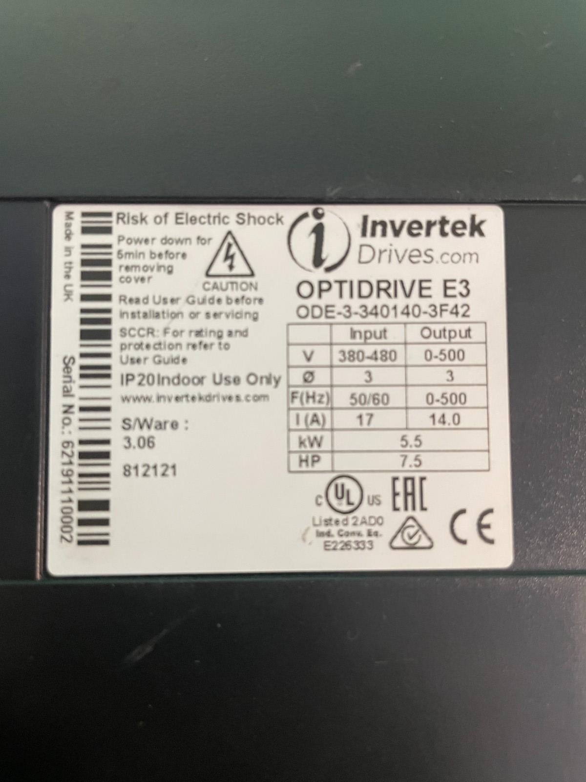 Invertek ODE-3-340140-3F42. Optidrive E3. (UK/EU Please Read) Invertek ODE-3-340140-3F42. Optidrive E3. (UK/EU Please Read) - Image 2