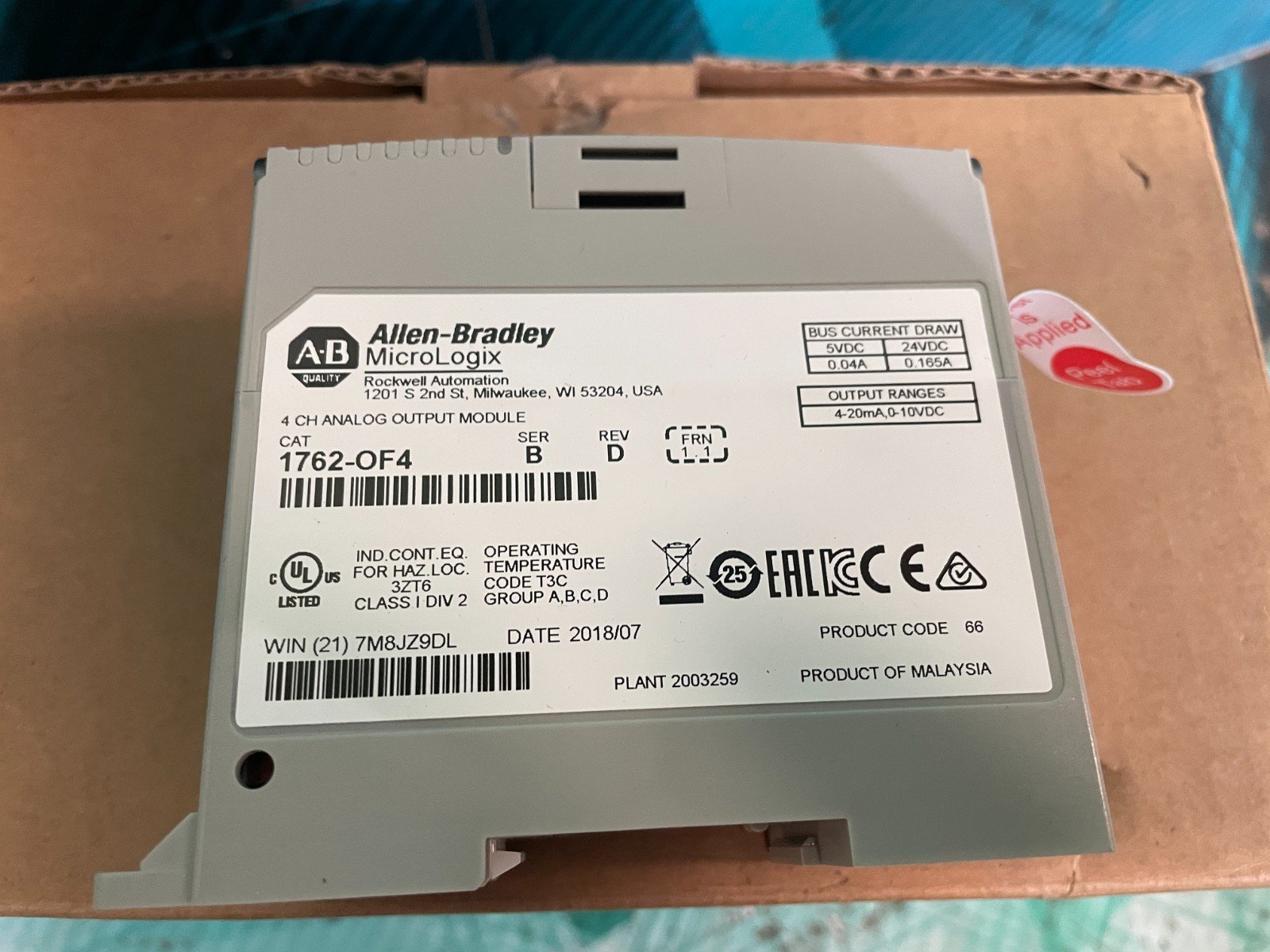 Allen Bradley 1762-OF4. 4 Channel Analog Output Module. (UK / EU Read) Allen Bradley 1762-OF4. 4 Channel Analog Output Module. (UK / EU Read) - Image 2